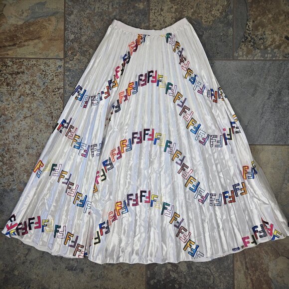 Unbranded White Knife Pleat Midi Skirt Elastic Waist Colorful Repeating Pattern - Picture 6 of 8